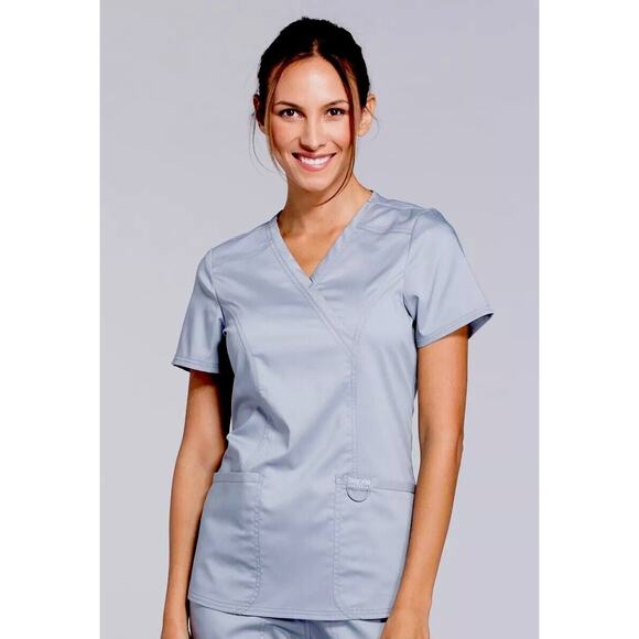 Cherokee Workwear Revolution Gray-Blue Mock Wrap V-Neck Patch Pockets Scrub Top - Picture 1 of 8